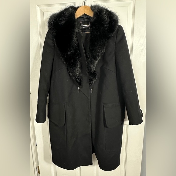 Karen Millen wool blend coat, removable faux fur collar, sz 12, black - Picture 1 of 16